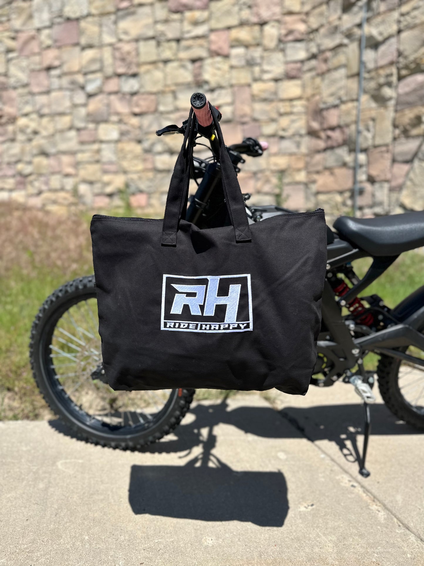 Ride Happy canvas embroidered tote.